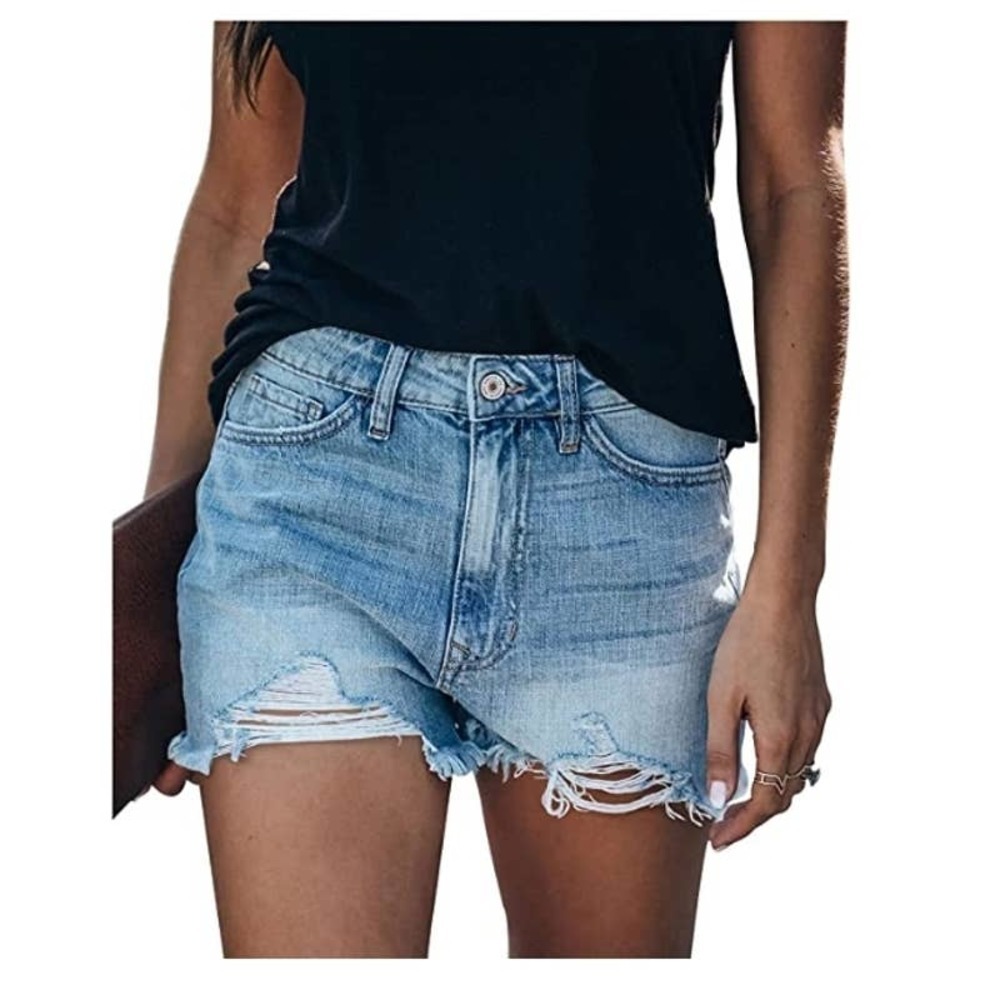 Folivora Denim Shorts Distressed Frayed Hem Blue NWT - Picture 8 of 10
